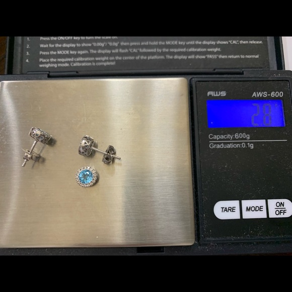 14k White Gold with Blue Topaz and Diamond Earrings - Picture 2 of 7